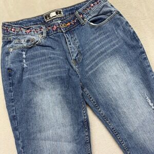Vintage Rave R4R Jeans Womens 15 Floral Embroidered Cropped Whiskered Wash Denim